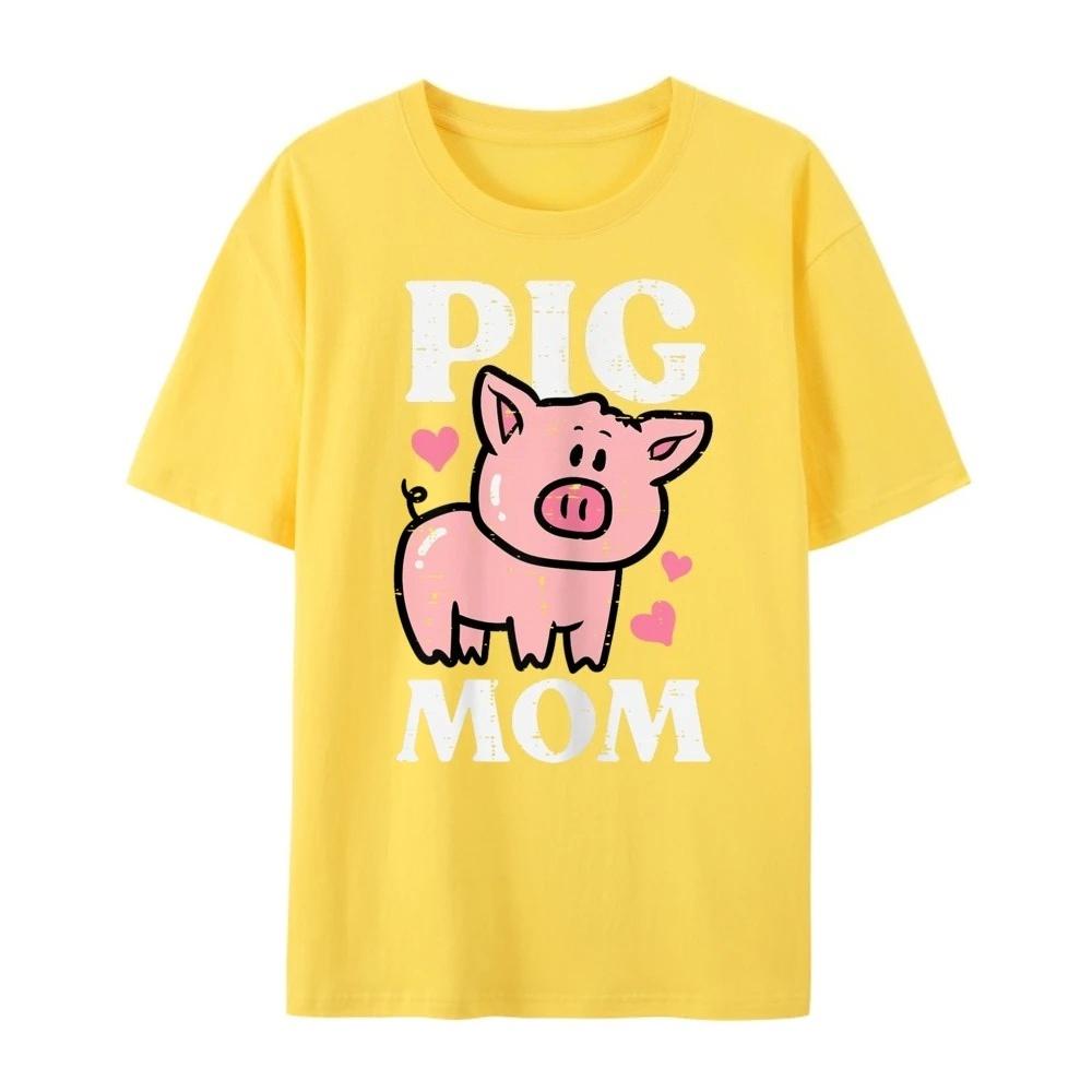 Cute cartoon pig Pig Mom printed Tshirt with fashionable short sleeved round neck casual Womens Tshirt S