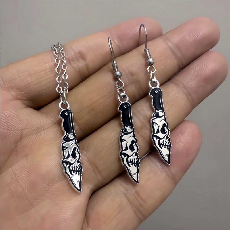Gothic Punk Knife Halloween Dangle Earrings & Stud Necklace Set