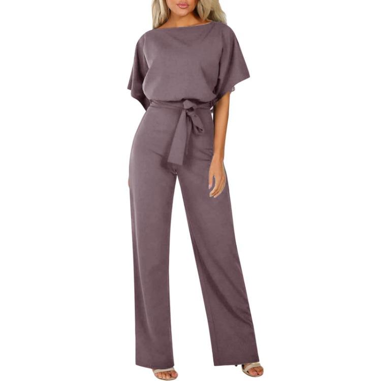 Elegant Women Slimming Jumpsuit with Batwing Short Sleeve and Lace Up Waist Solid Color Commuting Pantis Fashion Outfit
