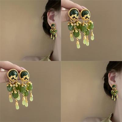 Round Olive Green Pendant, Fringed Stud Earrings, New Chinese Retro National Style Earrings, Fashion National Trend Temperament Earrings.