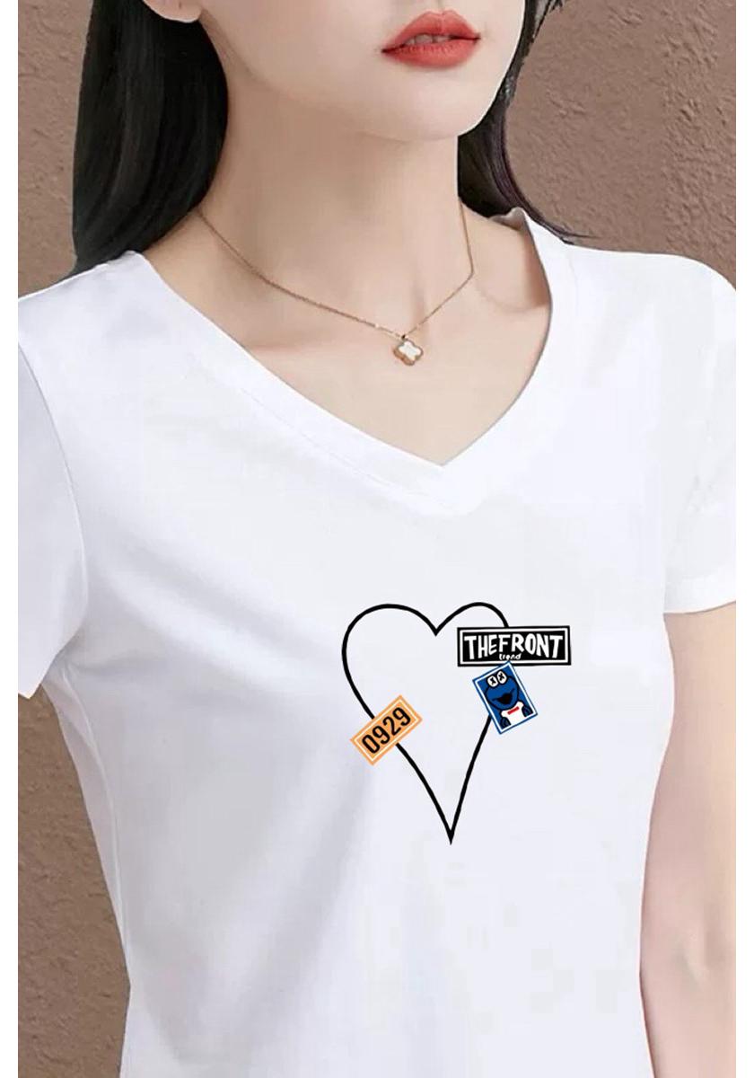 Women s 2026 White V-neck Bow Print Slimming Casual Loose Short-sleeved T-shirt S