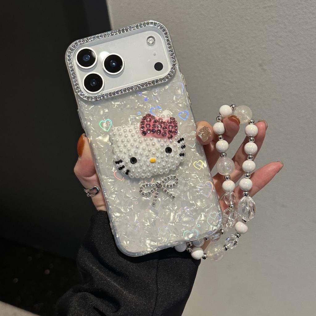 Applicable to Apple 17promax cute mobile phone case iphone15 large hole love shell pattern kt cat head 14 bracelet