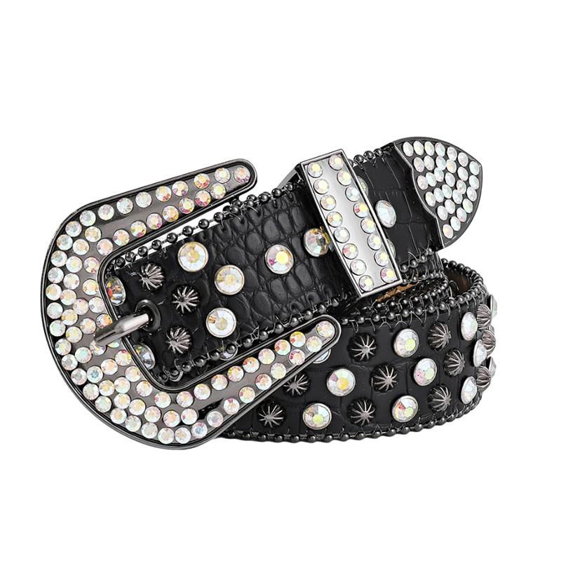 Studded Rhinestone PU Leather Belt Women Punk Streetwear Waist Cincher Adjustable 105-125cm Alloy Buckle Black