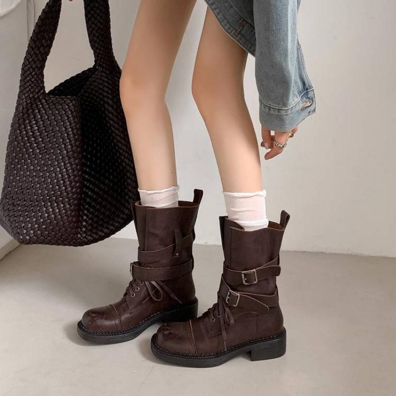 Autumn and Winter Large Tube Knight Boots Women's Leather Large Size Women's Boots Sleeve Solid Color Cowhide Rubber Sole Versatile Medium Tub