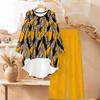 Abstract Design Print Two Piece Outfit Women Long Sleeve Irregular Hem Tunic Top Wide Leg Pants Casual Matching Set
