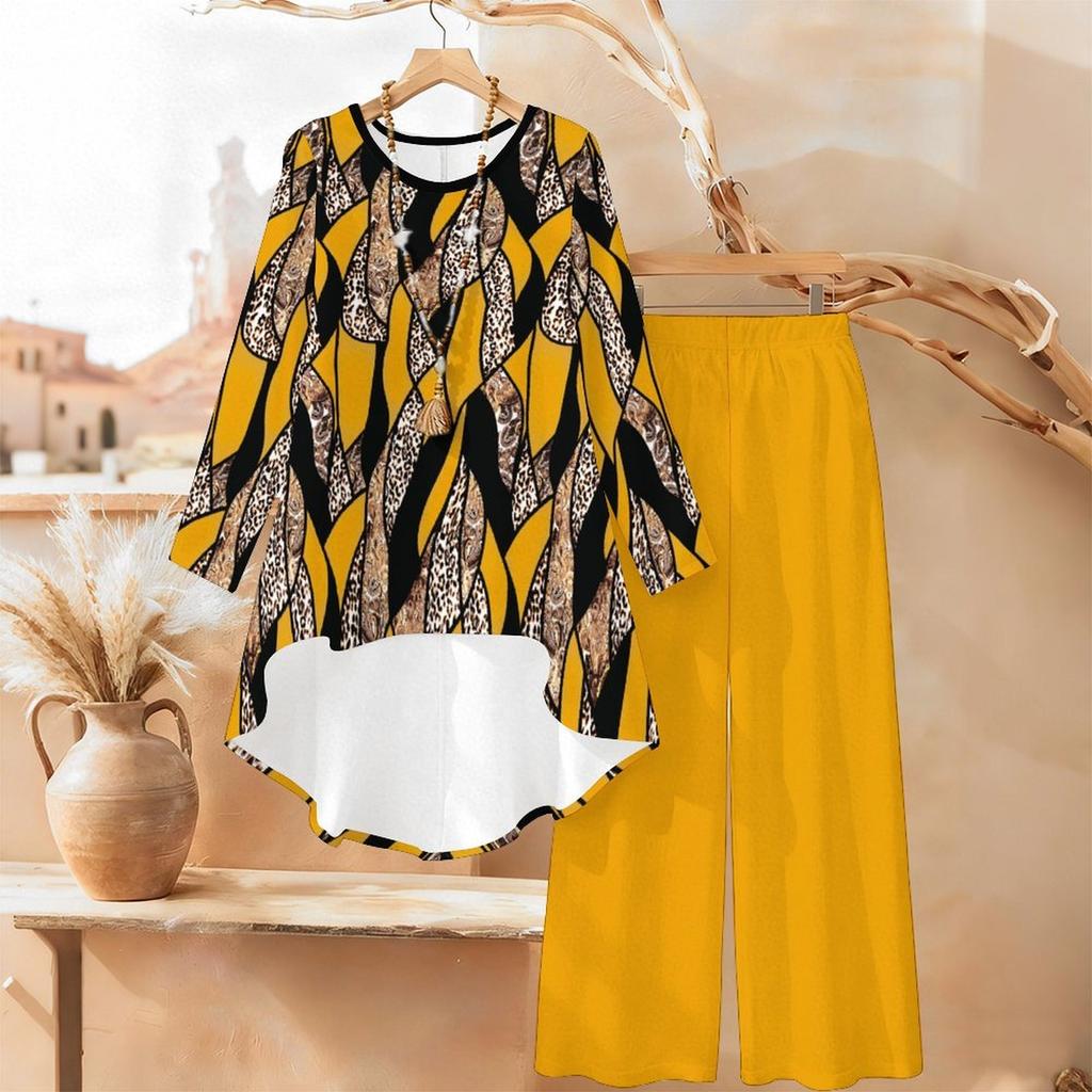 Abstract Design Print Two Piece Outfit Women Long Sleeve Irregular Hem Tunic Top Wide Leg Pants Casual Matching Set