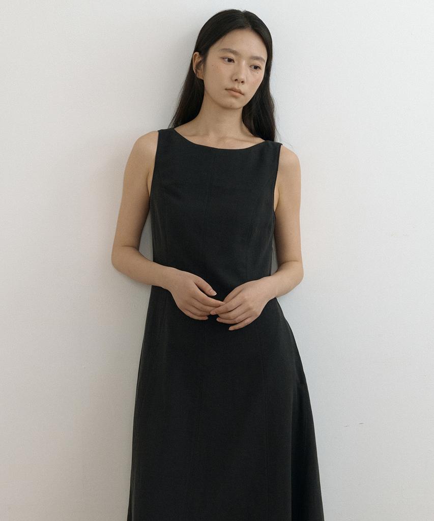 Lingseoul Linen Sleeveless Boat Neck Long Flare Dress-Black