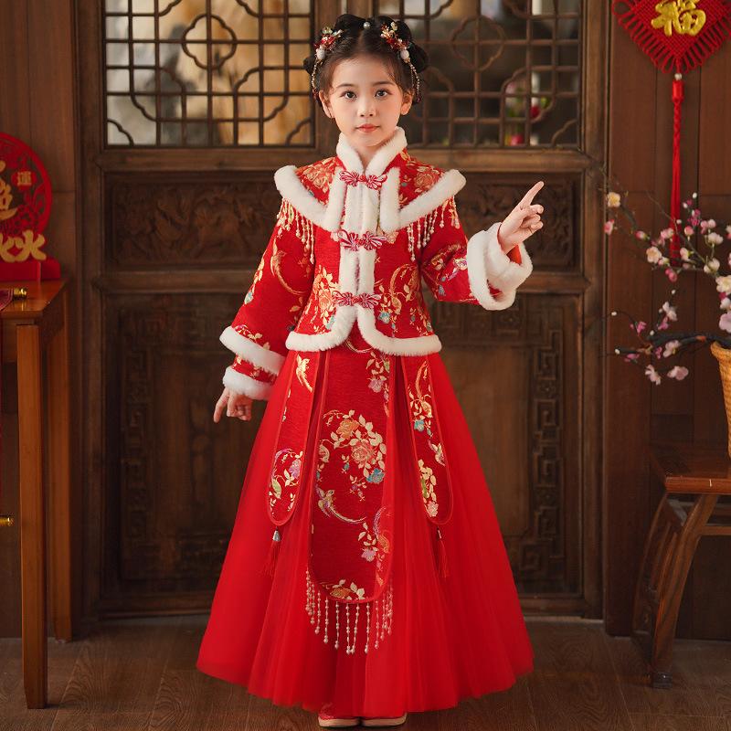 Hanfu girls autumn and winter velvet thickened Chinese style ancient clothing children's New Year's clothing New Year's festive girls winter clothes