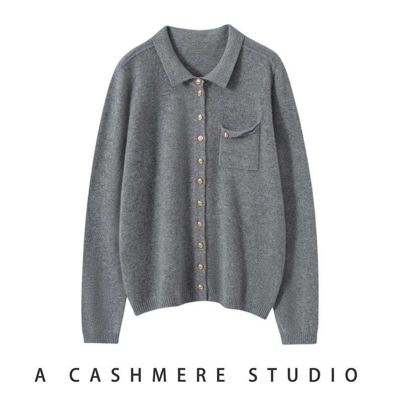 Chic Age-Reducing Gold Button Knit Cardigan with Pockets - Women's Autumn Solid Color Versatile Outerwear Top