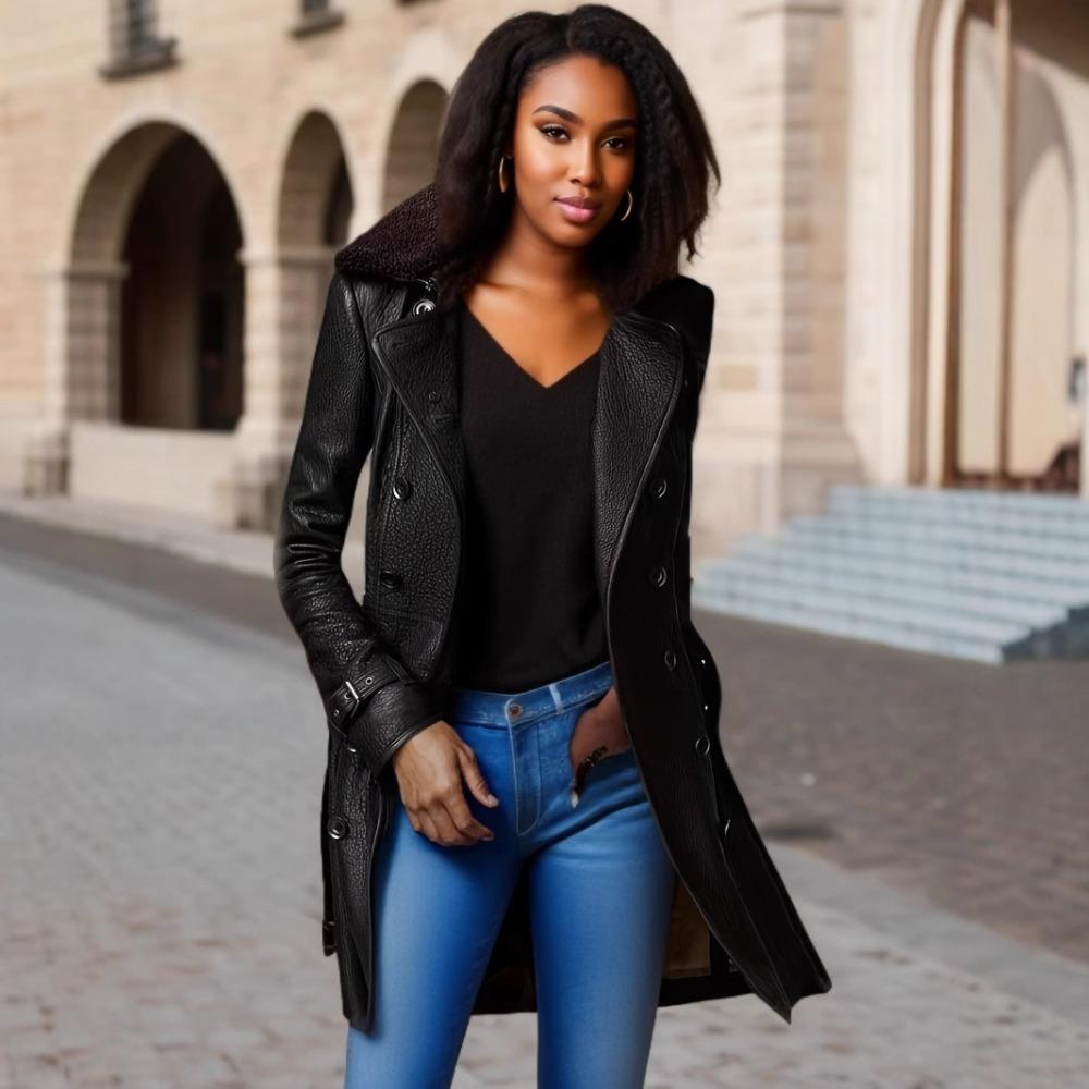 Women's Turn Down Collar Long Sleeve Slim Fit Mid-Length Faux Leather Jacket Street Style Moto Coat