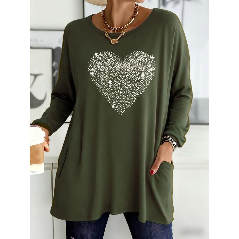 Plus Size Women s Casual Heart Rhinestone Pocket Long Sleeve T-Shirt - Stretch Polyester Blend, Machine Washable S