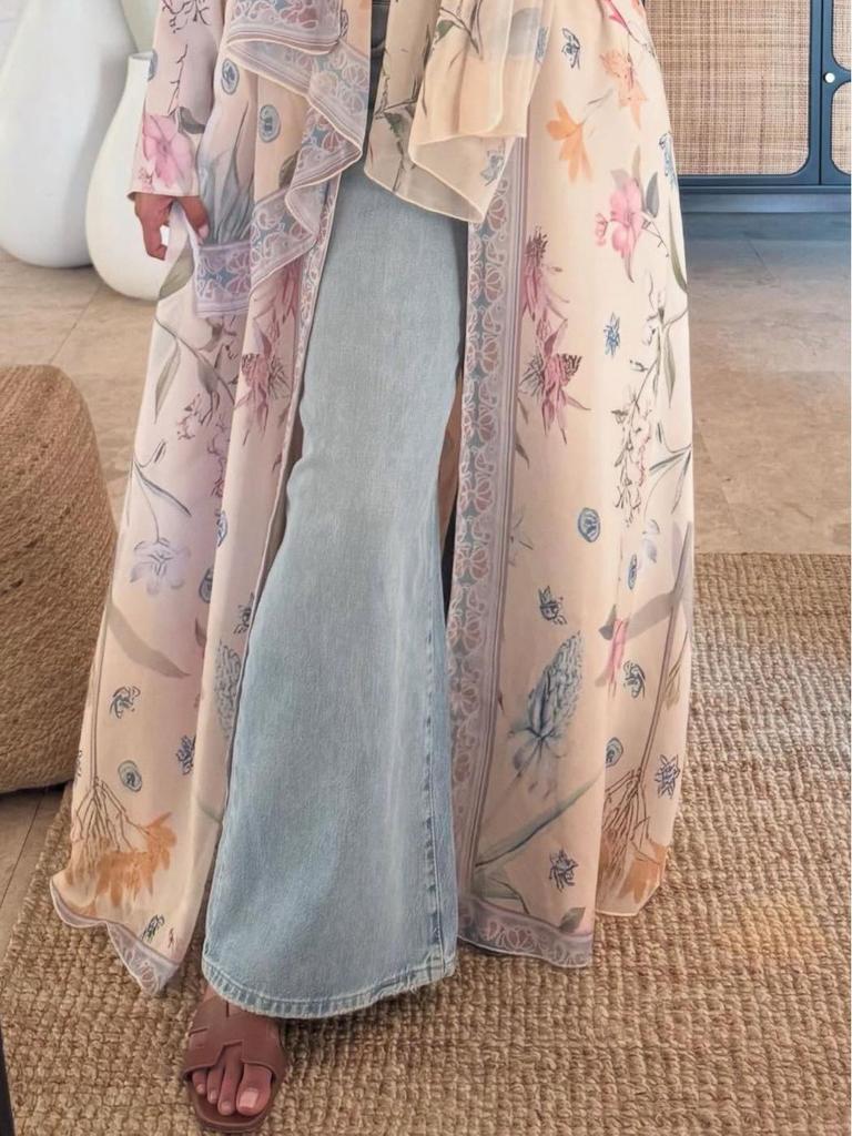 Floral Long Dress & Headscarf Two-Piece Cardigan Set