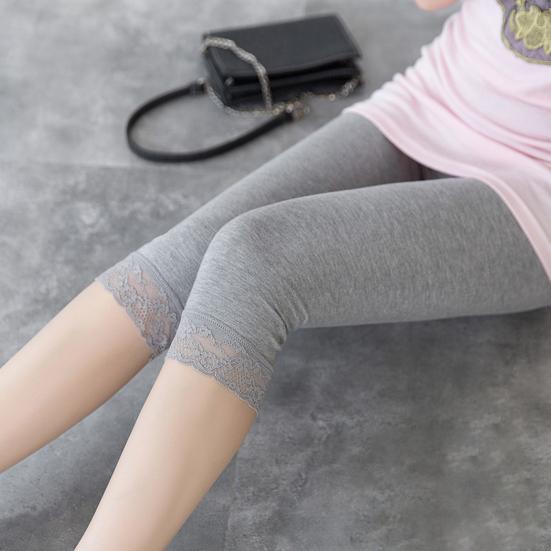 Women Yoga Pants Lace Trim Solid Color High Waisted Cropped Pants Elastic Breathable Leggings Sports