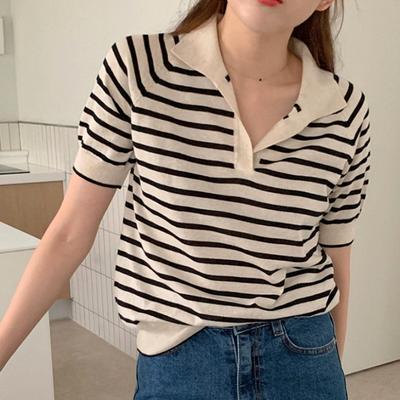 Pull rayé à manches courtes et col rond pour femme, style rétro, décontracté, ample et polyvalent, coupe droite, simple et tendance, idéal pour l'été