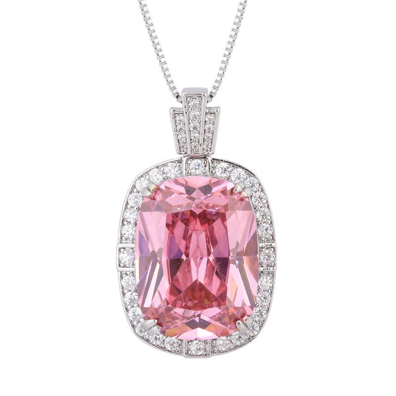 Jewelry Copper Bottom Gold-Plated Simulation Aquamarine Pink Diamond Temperament Light Luxury Pendant Necklace Fat Square Master 15 * 20