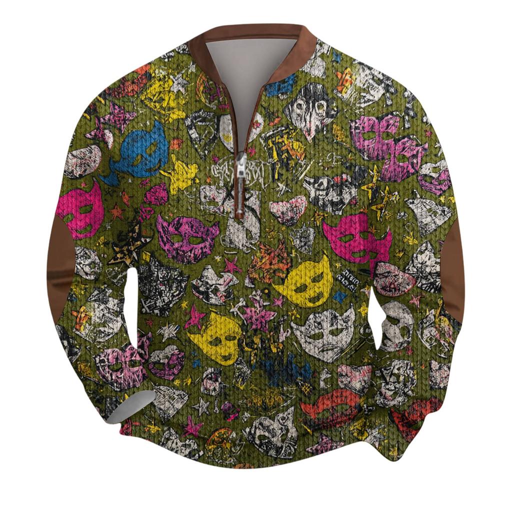 Mens Christmas Sweater Zip Up Sweatshirts Vintage Knit Graphic Sweatshirt CarnivalStand Collar Pullover