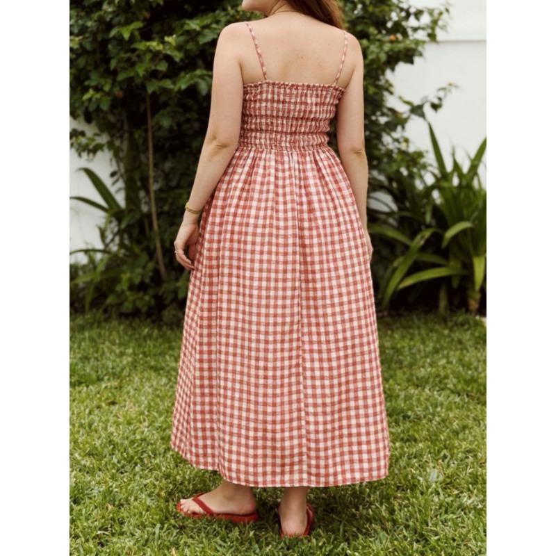 Women Casual Plaid Cinched Waist Spaghetti Strap Long Maxi Dress For Daily Vacation