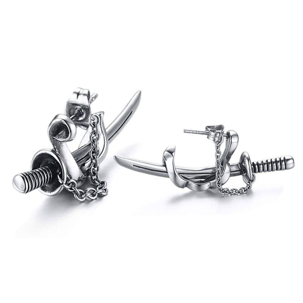Rockyu Jewelry Brand Men's Earring Set, Popular Titanium Earrings, Silver Sword Hoop Chain Stud Earrings, Unique Religious Gift (Sword)