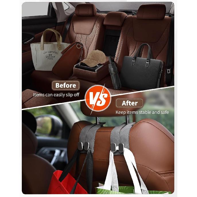Headrest Hooks For Car, 4 Pack Car Seat Back Organizer Storage Hook, Double Hook Car Seat Hooks For Hanger Purses And Bags, Leather Purse Holder For
