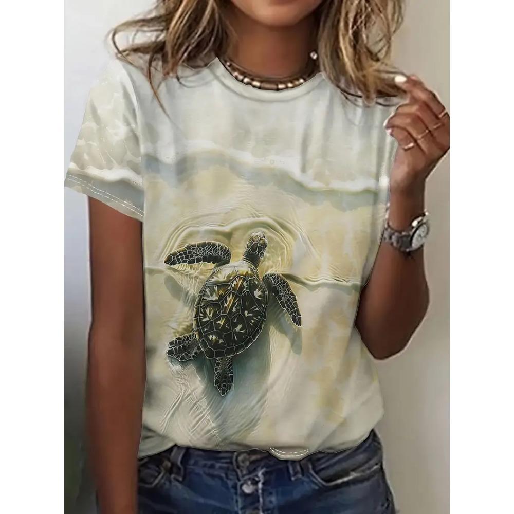 Funny Women Animal Graphic Print Summer Round Neck Short Sleeve Top Outdoor Oversized