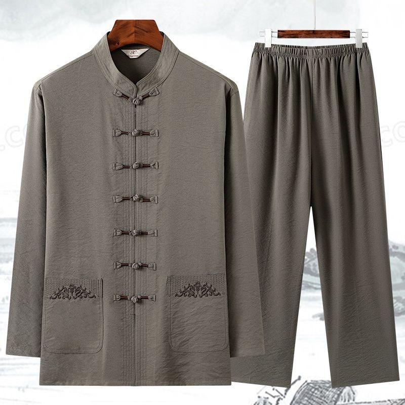 Herren Chinesisches Traditionelles Bekleidungsset Schnalle Kung Fu Hemd Orientalisch Retro Oberteil Hose Tai Chi Atmungsaktive Uniformen Hanfu