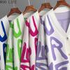 Women Letter Print Cardigan Knit Button Down Long Sleeve Open Front Sweater New Fall Winter Fashion