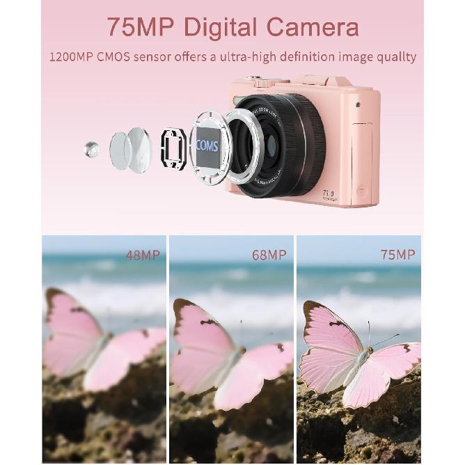FLATIC Digital Camera, 5K 75MP Cameras for Photography with WiFi & 64GB TF Card, Autofoucs Vlogging Camera for YouTube with 180° Flip Screen,
