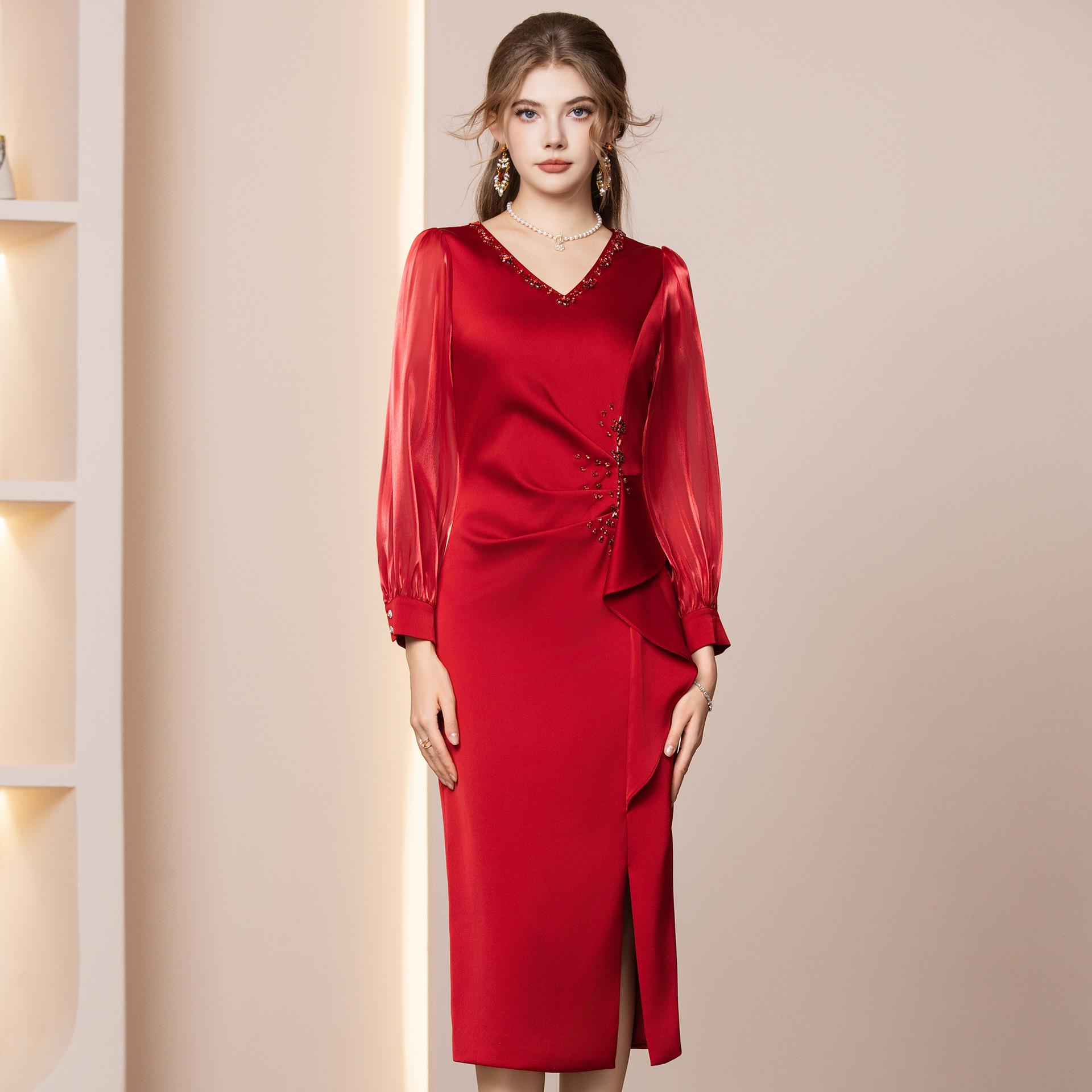 Zhi Li Elegant Waist-Cinching Red Ruffled Dress for Special Occasions, 2026 Style. L
