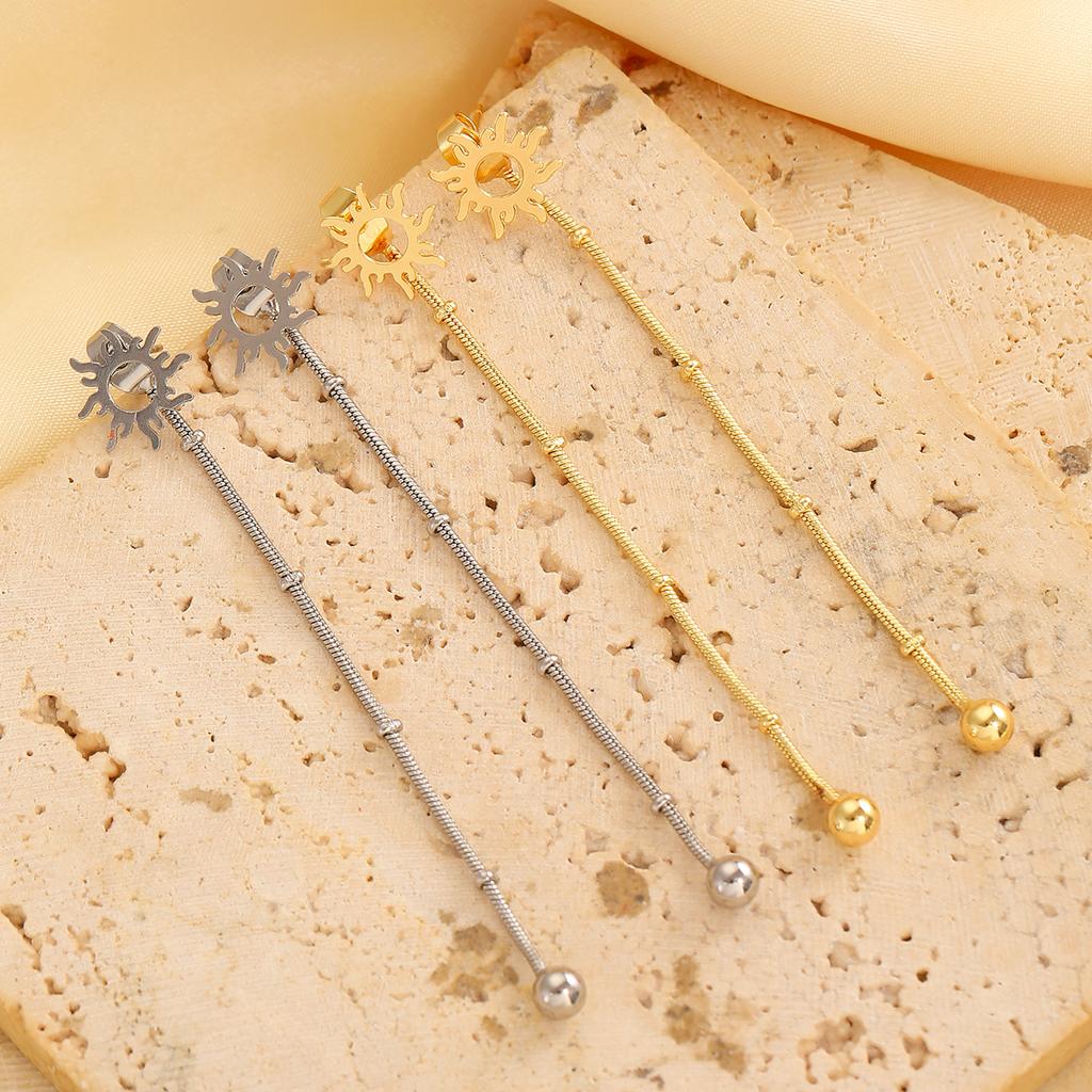 Vintage Klassische Sonnen Ohrringe für Damen Edelstahl Lange Schlangenperlen Kette Hängeohrringe Zwei Tragearten Schmuck Freundin Geschenke
