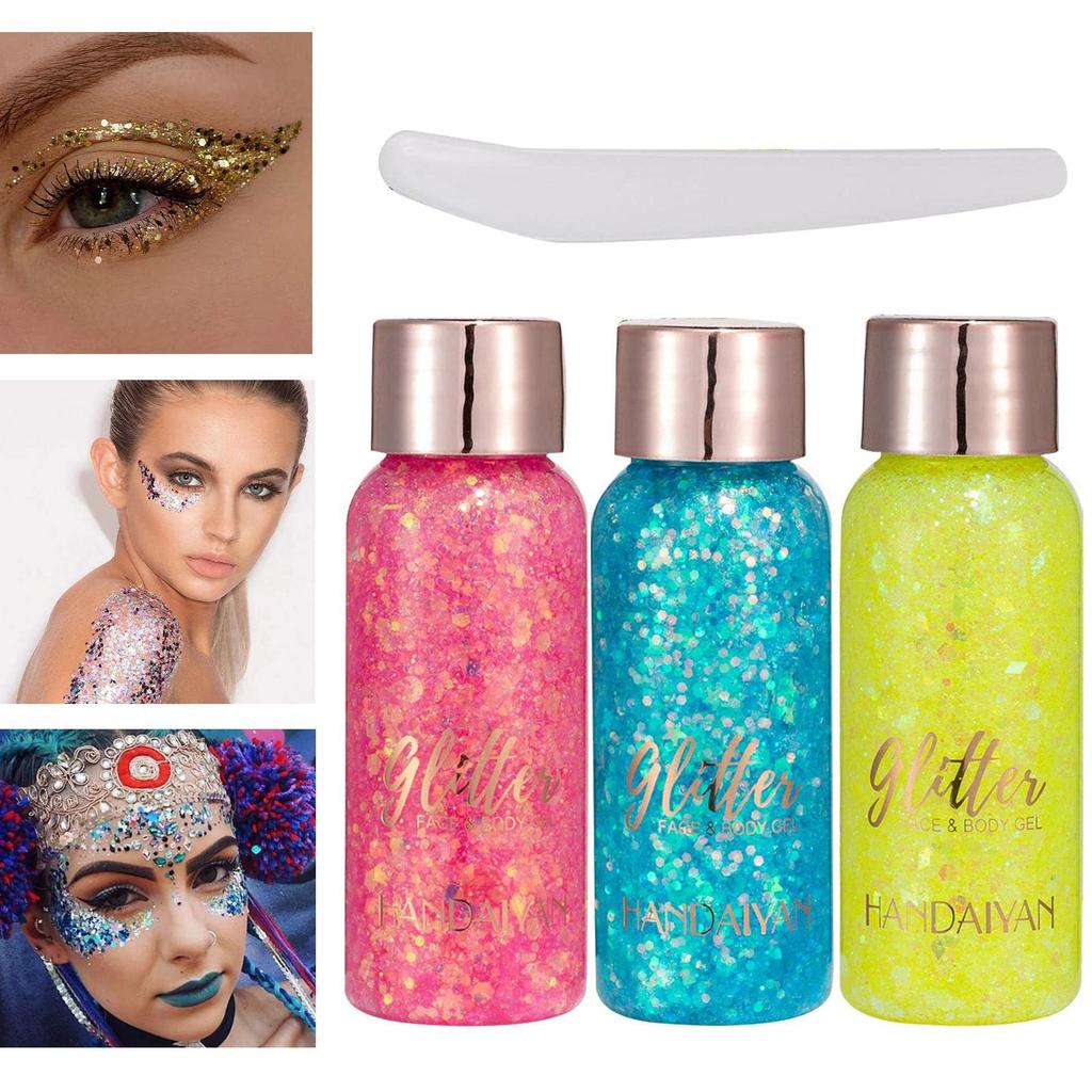 Body Glitter Gel Waterproof Glitter Gel Makeup Set Body Glitter Gel Sequin Glitter Eyeshadow Glitter Body Gel for and Parties Set, Kit, 3-Color Gel,