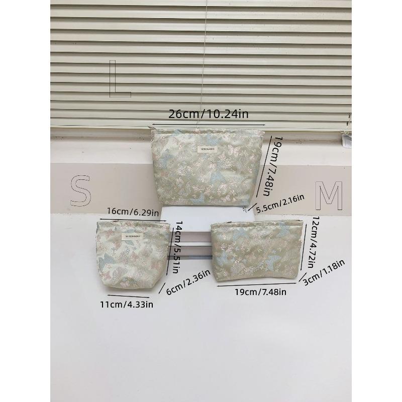 Vintage Makeup Bag Dark Red Floral Jacquard Fabric Cosmetic Pouch Women's Zip Square Clutch Handbag for Toiletries Storage