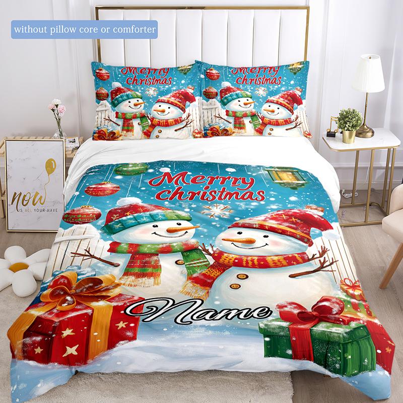Beautifulchristmastwosnowman Customize Your Name Duvet Cover Soft Bedding Set For Bedroom Guest Room And Dorm Decoration Threepiece Set Includes 1