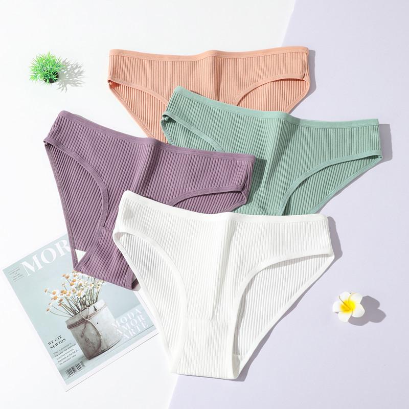 Pure Cotton Threaded Women'S Briefs, Solid Color Low Waist Comfortable And Breathable Double-Layer Girls' Underwear, Sold Individually