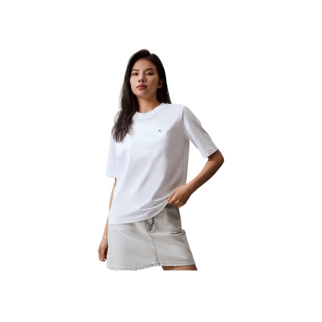 Calvin Klein Embroidered Square Logo Cotton Loose Short Sleeve T-Shirt Women Tops Moonlight-White J223466