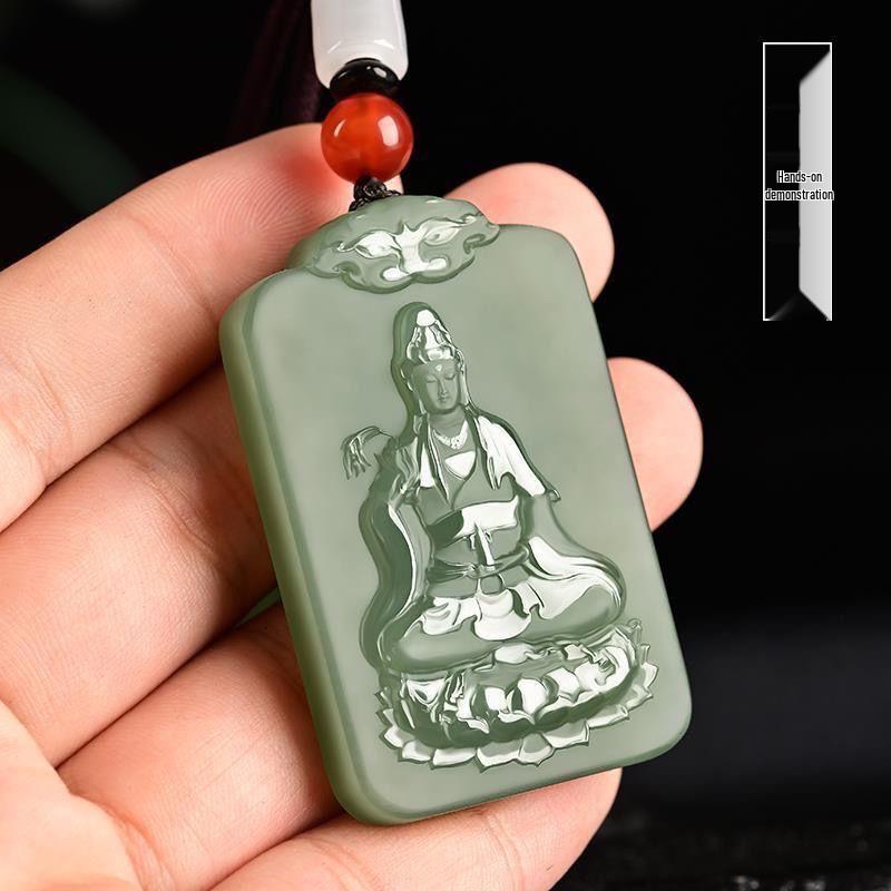 Men's and Women's Jade Guanyin Pendant Necklace - Sitting Lotus Bodhisattva Design