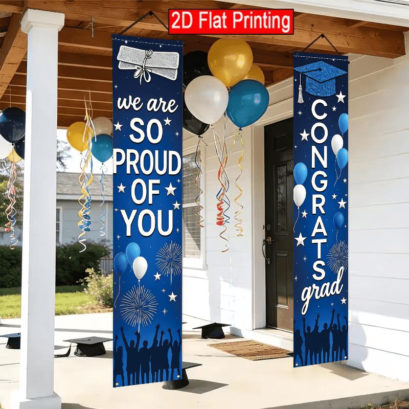 2D Flat, 2pcs 2D Graduation Ceremony Theme Porch Banner 30.48x179.83 cm Polyester Door Couplet, Graduation Design, Suitable for Outdoor Courtyard Flag