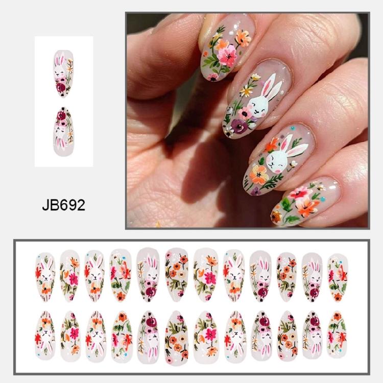 24 Pieces Almond Artificial Nail With Flower and Rabbit Glossy Press On Nail Full Cover Stick On Nail for Women Girls