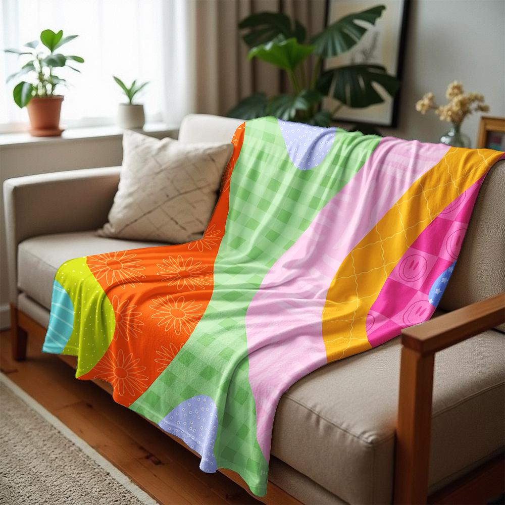 Patchwork Curved Shape Cartoon Anime Print Flannel Blanket Soft Warm Throw for Kids Bedroom Sofa Christmas Office Car