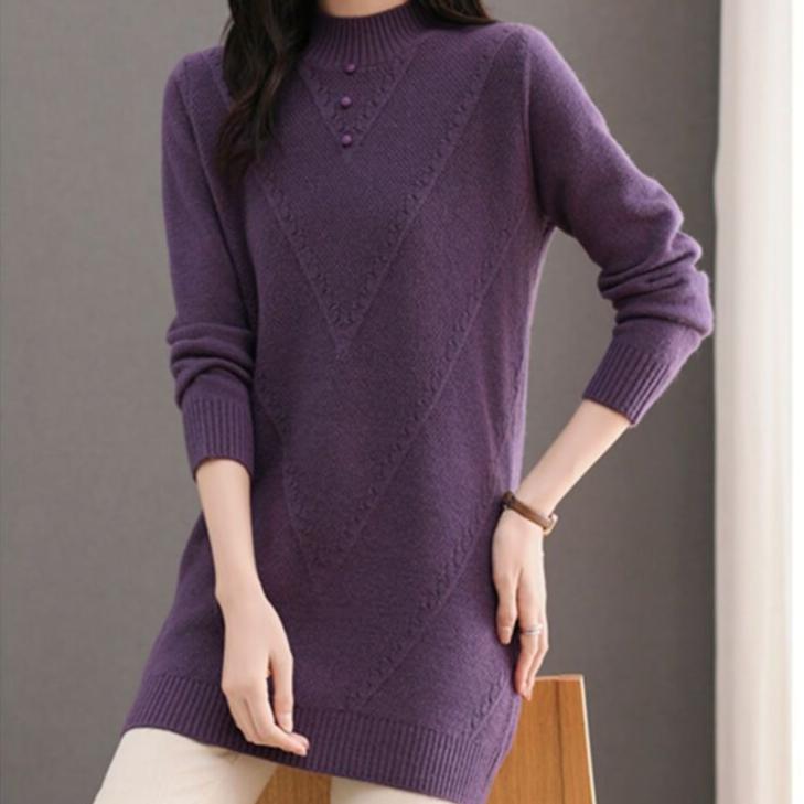 Half Turtleneck Sweater Dress for Women Solid Color Long-sleeved Mid-length Knitted Sweater Autumn and Winter Casual Loose Pullover