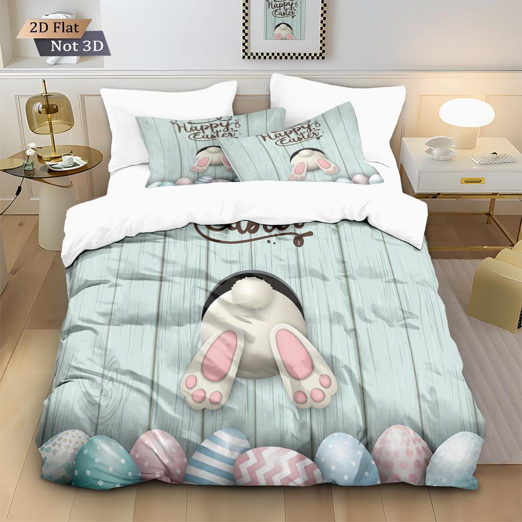 3pcs Easter Egg Rabbit Print Down Duvet Cover Set, Multi Size Bedroom, Dormitory Bedding Decoration, Machine Washable
