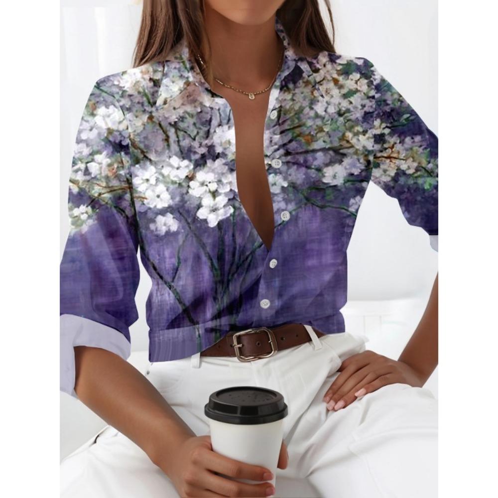 Women's Fashion Floral Buttons Blouse Lapel Neck Blouse Womens Long Sleeve Shirts Womens Clothing Female Clothing