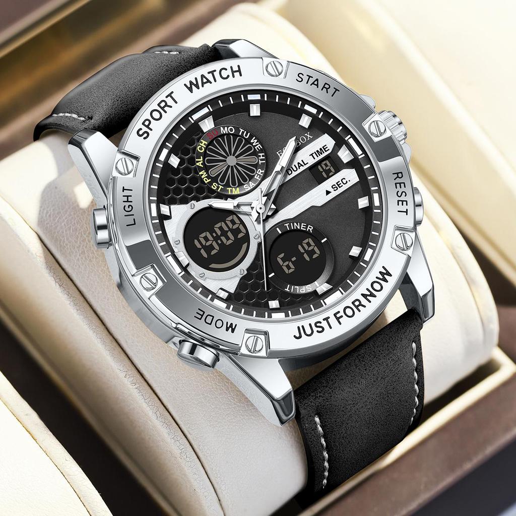 Outdoor Sport Electronics Watch for Men Leather Strap Auto Date Casual Waterproof Luminous Dual Digital Watches