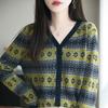 Womens V-Neck Knit Cardigan With Jacquard Loose Fit Wool Blend Sweater Casual Wear