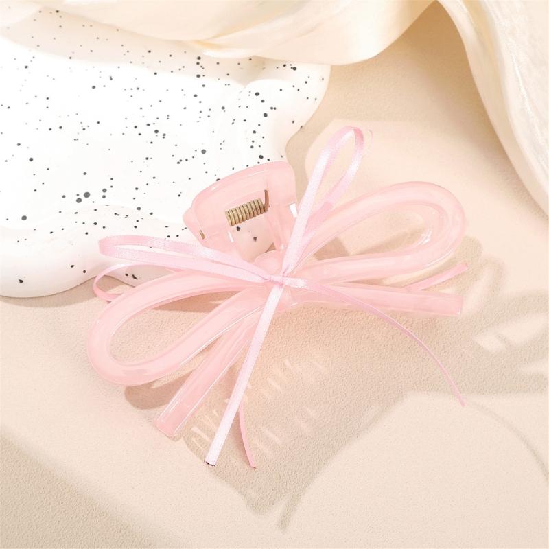 Lightweight Ergonomic Hair Claw Clip With Ribbon Bows Practical Acrylic Hairpin Hair Ornament For Office School Styling