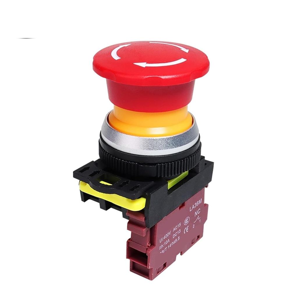 30mm LA36M Emergency Stop Push Button Switch Latching Self Locked Plastic Mushroom E-Stop Switch with Red LED Light 220v 12v 24v(Without