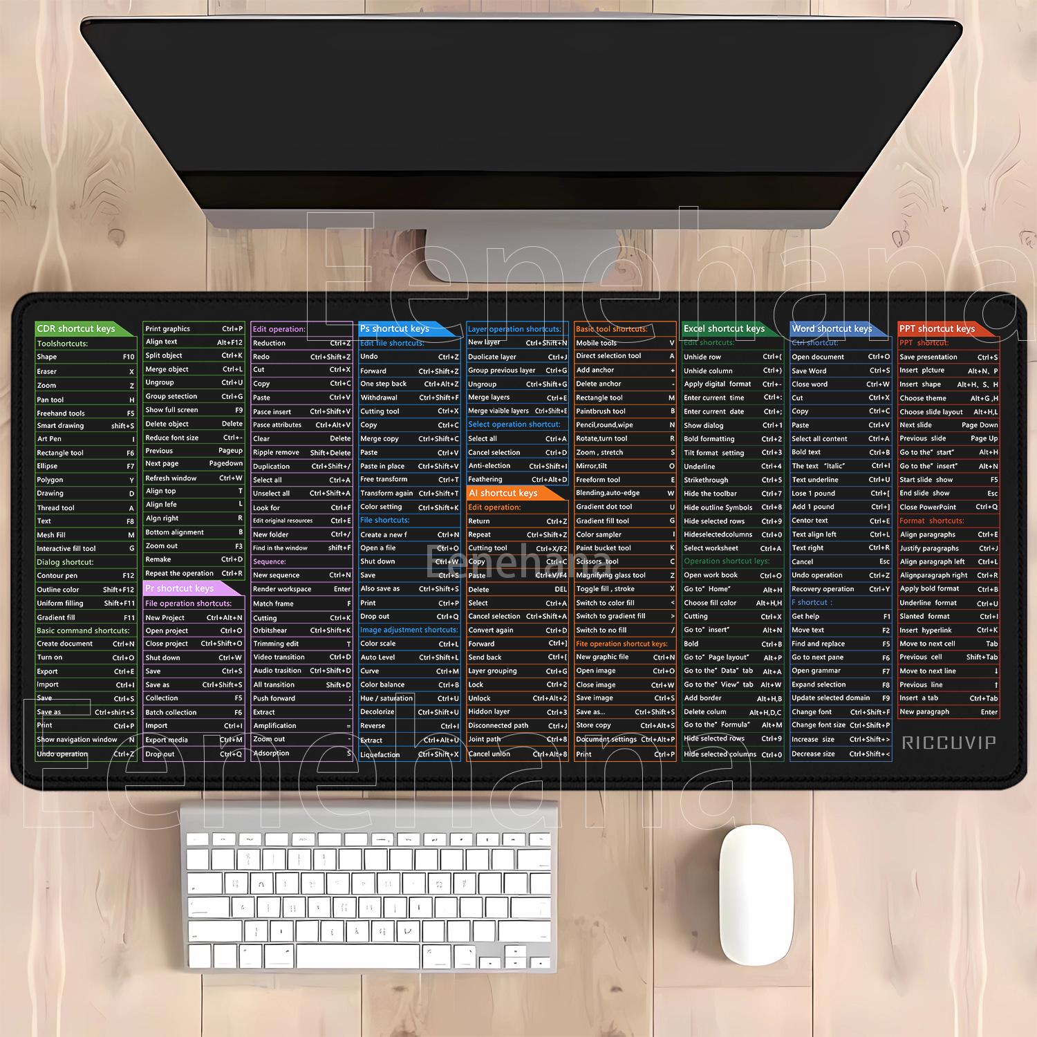 Excel Word PPT PS PR AI CDR English Shortcuts Mouse Pad Office PC Keyboard Mousepad XXL NonSlip HD Printing xmm Desk mat 400x800x2mm