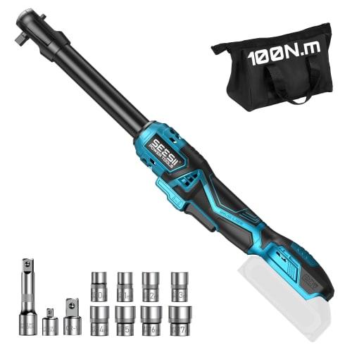 Seesii Electric Ratchet Wrench, Cordless, 100Nm, Brushless Motor, Forward/Reverse Switch, Infinitely Variable Speed, 3/8" Drive, 1/4" and 1/2" Adapter