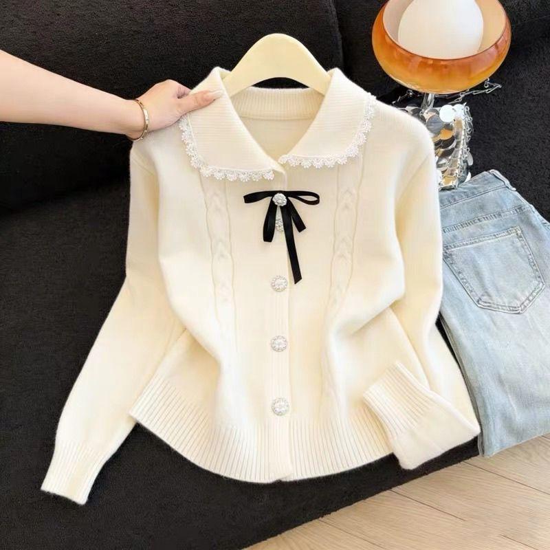 Süßer Babydoll Damen Pullover Top Damen Knopfleiste Cardigan Eleganter Rollkragen Strickware Langarm Schleife Gebundenes Oberteil Herbst
