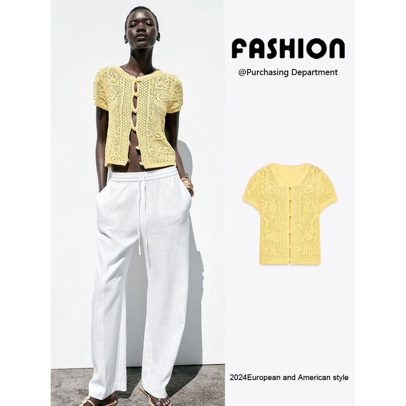 Za2025 Summer New Women Clothes Versatile Crocheted Casual Round Neck Short Sleeve Knitted Top 6236020 300