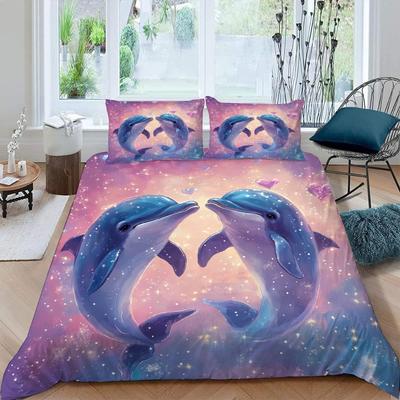 Dolphin Duvet Cover Set 2Pcs Bedding Set with 1 Pillowcase, Ocean Underwater Tropical Fish Dolphin Print Pattern Kids Boys Girls